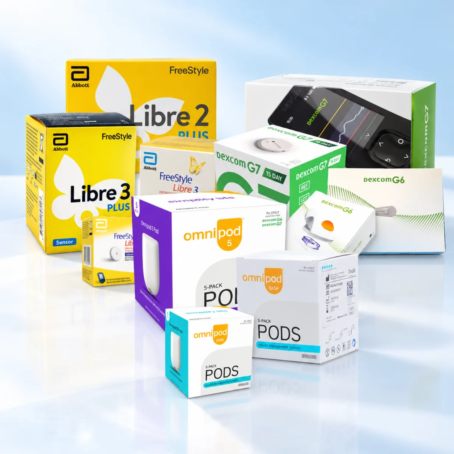 Sealed Dexcom G7, FreeStyle Libre, and Omnipod supply boxes